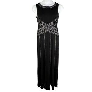 Tadashi Shoji Women M Tall Black Evening Gown Silver Beaded Elegant Jersey Dress